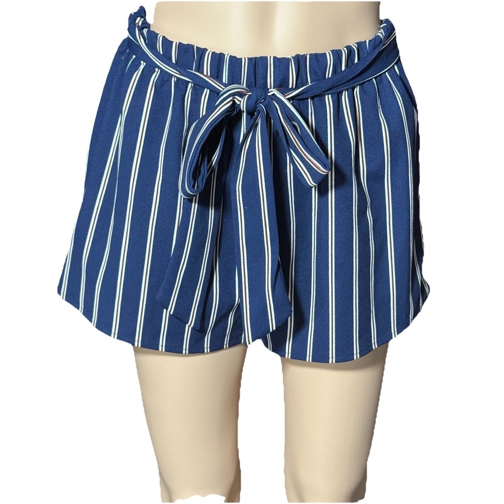 Agaci Navy Blue Paperbag Waist Shorts Ruffle Stripe Belted P-868 Womens Medium
